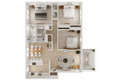 A top-down view of a well-organized apartment with a living room, kitchen, and bedrooms.