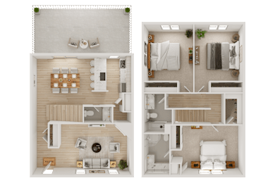 A floor plan of a two-bedroom apartment with a living room, kitchen, and bathroom.
