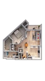 A 3D floor plan of a house with a kitchen, living room, and bathroom.