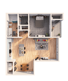 A top-down view of a small apartment with a kitchen, living room, and bedroom.