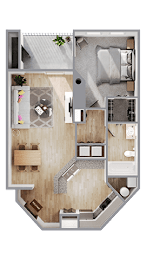A top-down view of a small apartment layout with a kitchen, living room, and bedroom.