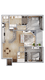 A floor plan of a house with a kitchen, living room, and two bedrooms.
