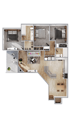 A floor plan of a house with a kitchen, living room, and two bedrooms.