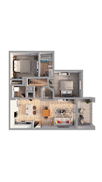 A 3D rendered image of a modern house layout.