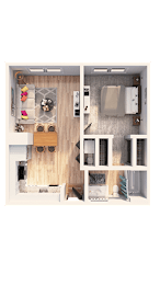 A top-down view of a small apartment with a kitchen, living room, and bathroom.