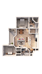 A floor plan of a house with a living room, kitchen, and two bedrooms.