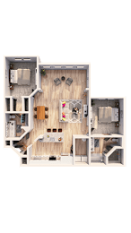 A floor plan of a house with a kitchen, living room, and two bedrooms.