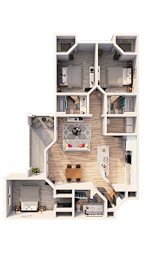 A detailed 3D floor plan of a multi-level apartment.