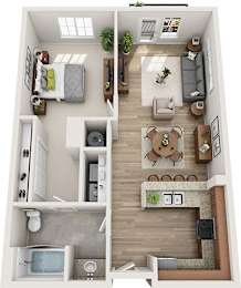 A 3D floor plan of a small apartment with a bedroom, living room, kitchen, and bathroom.