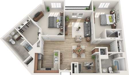 A top-down view of a two-story house with a living room, kitchen, and bedrooms.