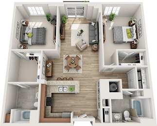 A top-down view of a house interior with a living room, kitchen, and bedrooms.