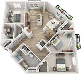 A 3D floor plan of a house with multiple rooms and furniture.
