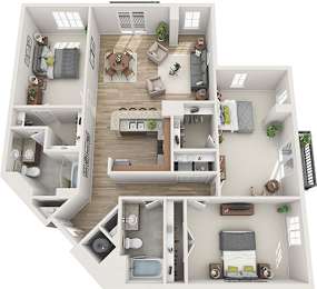 A 3D floor plan of a house with multiple rooms and furniture.