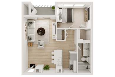 A top-down view of a small, modern apartment with a kitchen, living room, and bedroom.