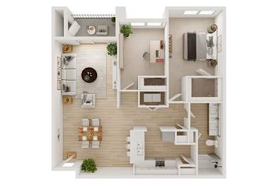 A white and wood floor plan of a small apartment with a kitchen, living room, and bathroom.