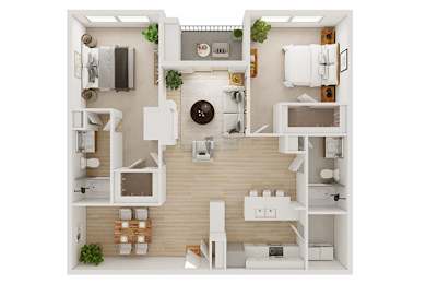 A top-down view of a small apartment with a kitchen, living room, and bathroom.