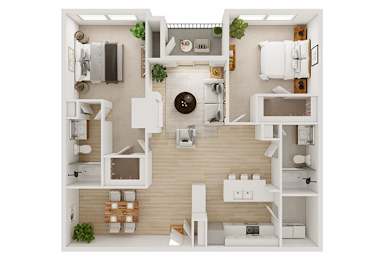 A top-down view of a small apartment with a kitchen, living room, and bedroom.