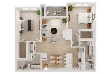 A top-down view of a small apartment with a kitchen, living room, and bathroom.