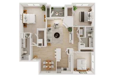 A top-down view of a small apartment with a kitchen, living room, and bathroom.