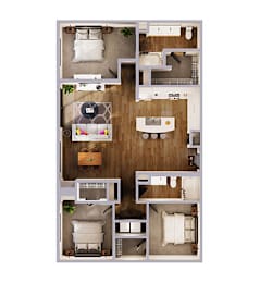 A floor plan of a two-bedroom apartment with a living room, kitchen, and bathroom.