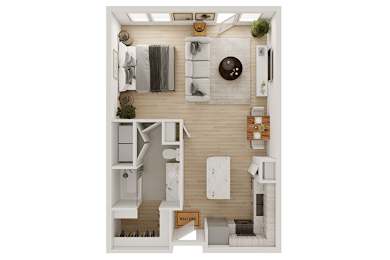 A top-down view of a small, neatly organized apartment with a living area, kitchen, and bedroom.