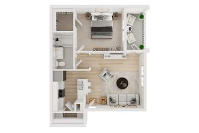 A white dollhouse with a kitchen, living room, and bathroom.