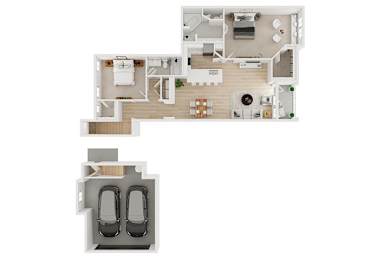 A floor plan of a house with two bedrooms and two bathrooms.