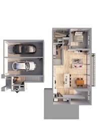 A floor plan of a house with a garage and a living area.