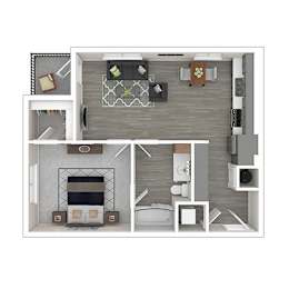 A floor plan of a house with a living room, kitchen, and bathroom.