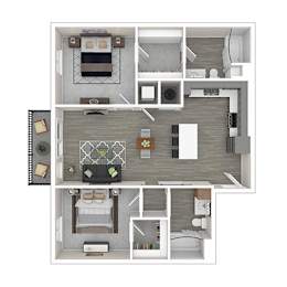 A top-down view of a house layout with a living room, kitchen, and bedrooms.