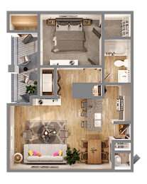 A top-down view of a modern apartment layout with a living room, kitchen, and bedroom.