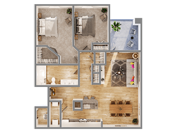 A top-down view of a house layout with a living room, kitchen, dining area, and bedrooms.