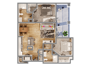 A detailed 3D floor plan of a house showing all rooms and their layouts.