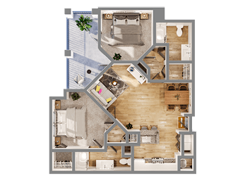 A top-down view of a house layout with a kitchen, living room, and dining area.