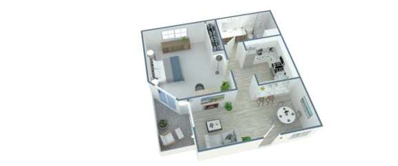A 3D floor plan of a house with a kitchen, living room, bedrooms, and bathrooms.