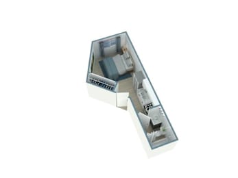A white and blue model of a building with a glass front.