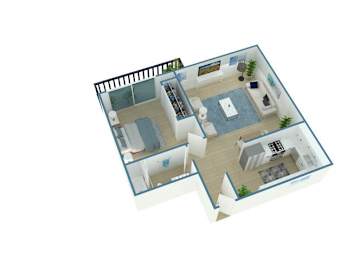 A 3D floor plan of a house with a kitchen, living room, and two bedrooms.