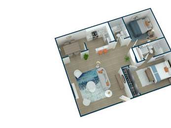 A top-down view of a house with a kitchen, living room, and bathroom.