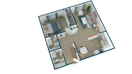 A 3D floor plan of a house with a kitchen, living room, and two bedrooms.
