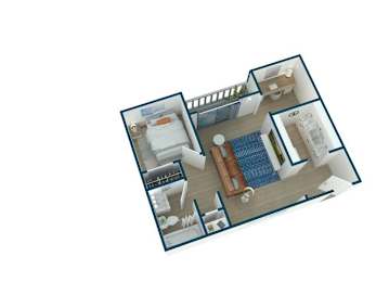 A blue and white floor plan of a house with a kitchen, living room, and bathroom.
