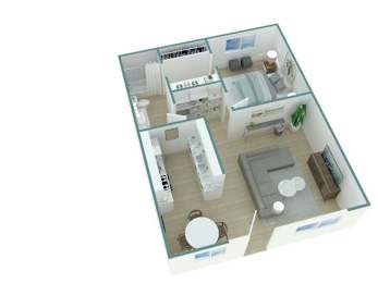 A 3D image of a dollhouse with multiple rooms.
