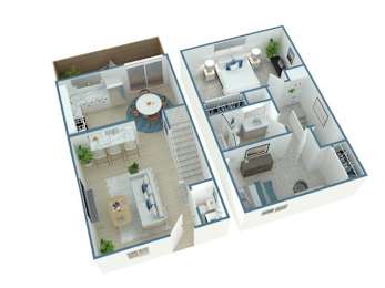 A 3D floor plan of a two-bedroom apartment.