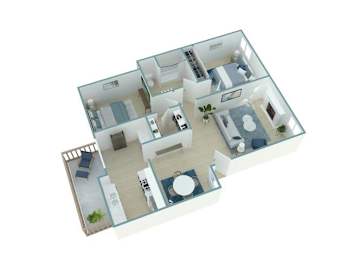A 3D floor plan of a house with multiple rooms.