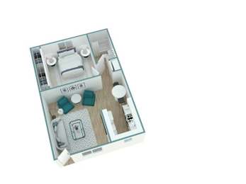 A 3D model of a house layout with a kitchen, living room, and bathroom.