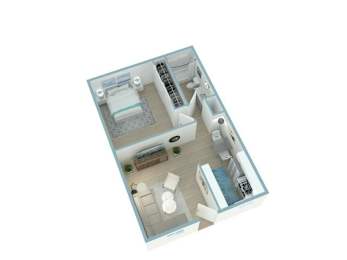 A top down view of a small apartment with a kitchen, living room, and bathroom.