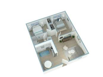 A 3D floor plan of a small apartment with a kitchen, living room, and bathroom.