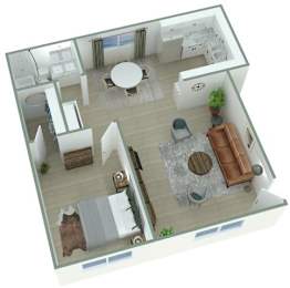 A 3D floor plan of a house with a kitchen, living room, and bathroom.