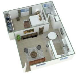 A 3D floor plan of a small apartment with a living room, kitchen, and bathroom.