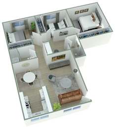 A 3D floor plan of a house with a living room, kitchen, and bathroom.