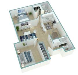 A 3D floor plan of a house with multiple rooms.